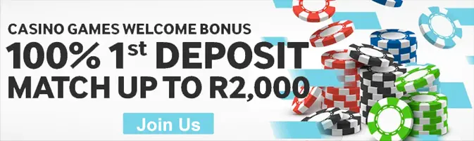 Welcome bonus offer to play casino games for new South African clients.